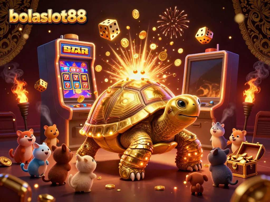 Experience the fun of bolaslot88 with a golden tortoise pinball machine and jackpot slots in a vibrant, dynamic illustration.