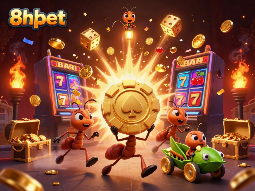 Engage in thrilling gameplay with 8xbet as a cartoon team of ants runs a heist with a golden poker chip