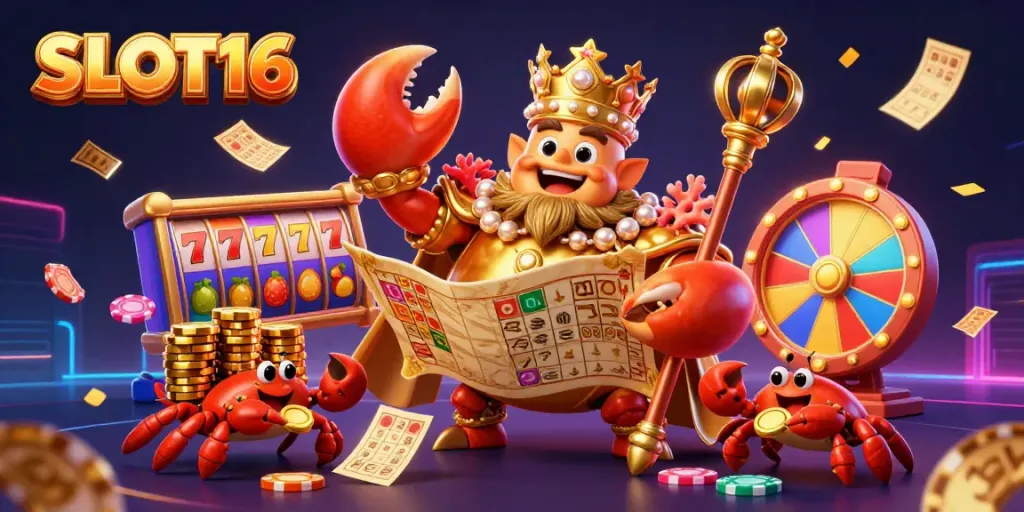 SLOT16 captures gamblers' excitement with a golden crab emperor surrounded by dynamic casino elements.