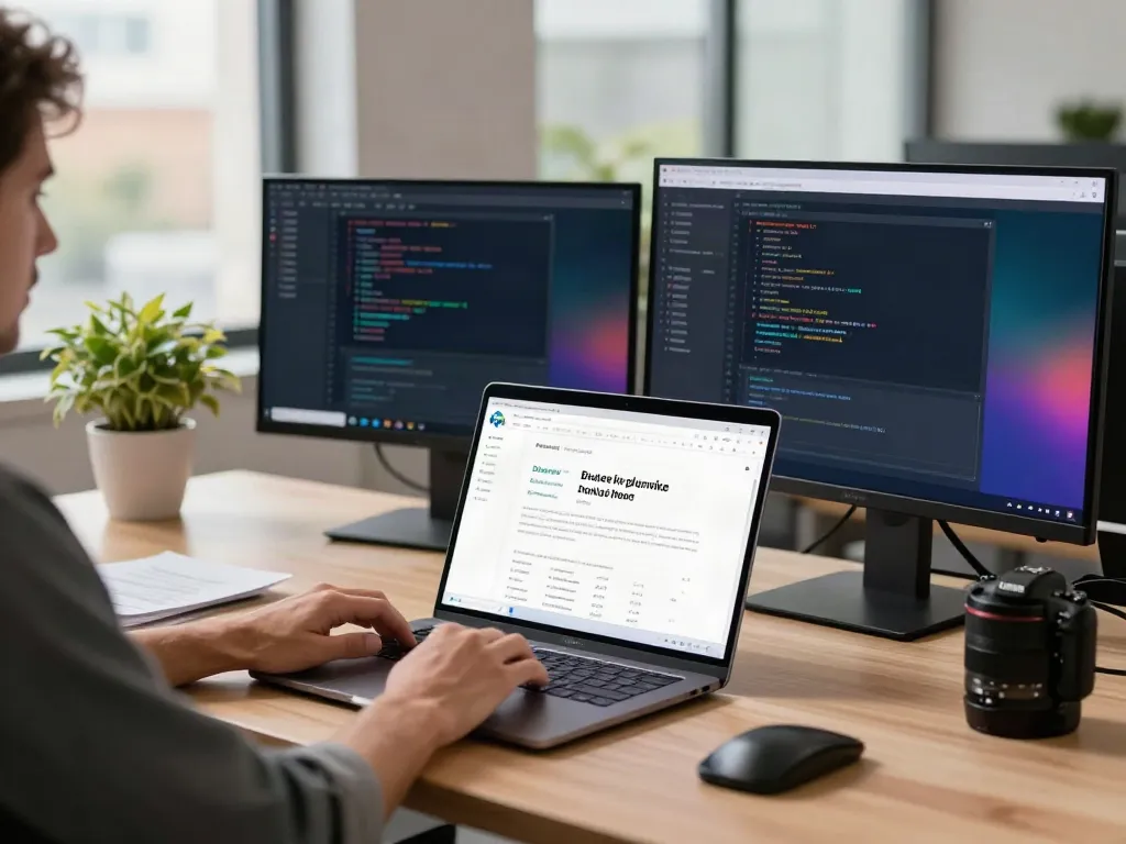 Developer using the Brave browser in a modern tech office setting for secure browsing.