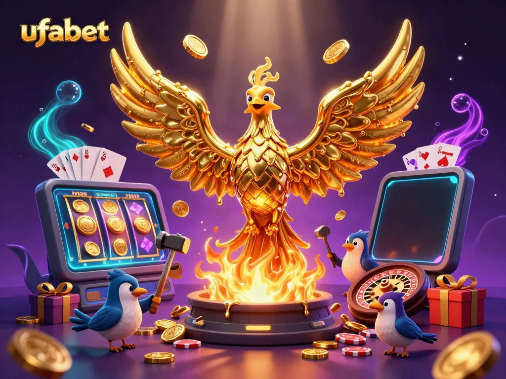 ภาพการแสดงผล 3 มิติของ ufabet ที่มีนกฟีนิกซ์ทองคำและอุปกรณ์คาสิโนต่างๆ