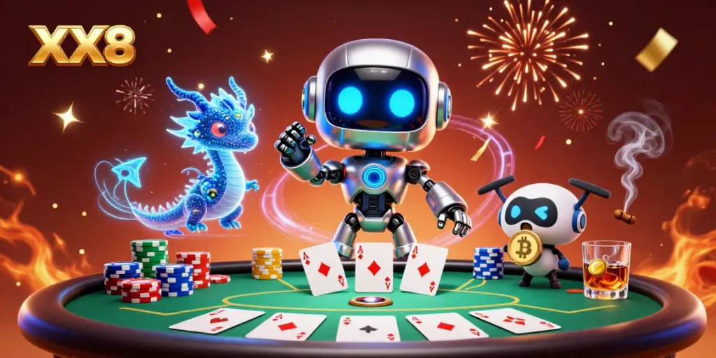 Engage in thrilling poker with the futuristic XX8 robot mascot in an animated casino scene.