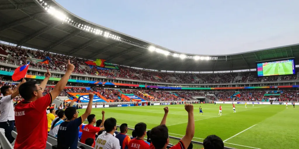 Excited fans in a football stadium cheering during an intense match, highlighting the enthusiasm of TOP10สนาม.