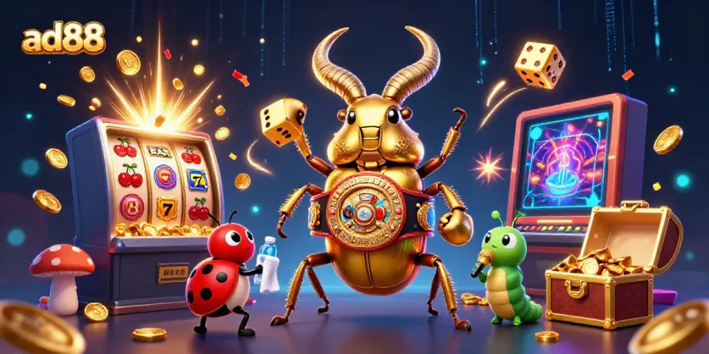 Experience the excitement of ad88 with giant characters and colorful casino elements in a vibrant scene.