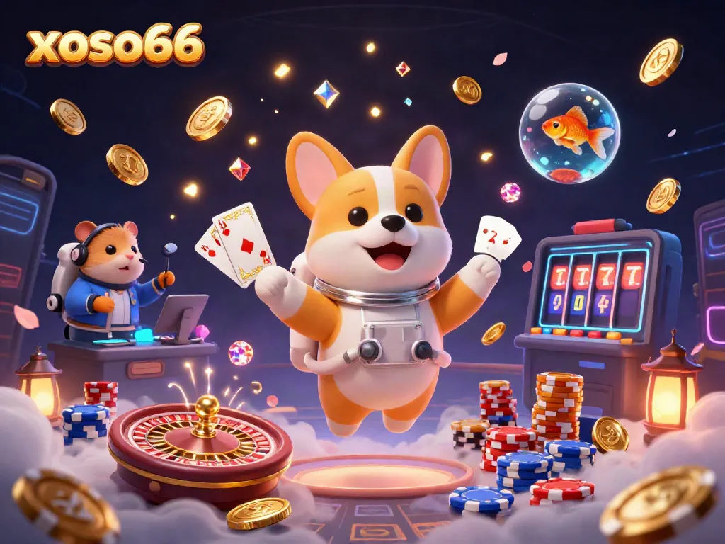 Enjoy the fun of gaming with xoso66, featuring a vibrant space casino scene with playful characters and exciting game elements.