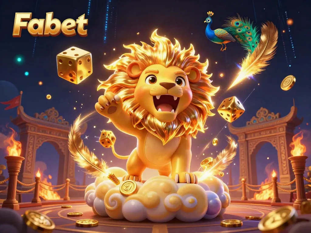 Fabet's thrilling casino experience features a roaring sun lion and golden dice amidst vibrant gambling elements.