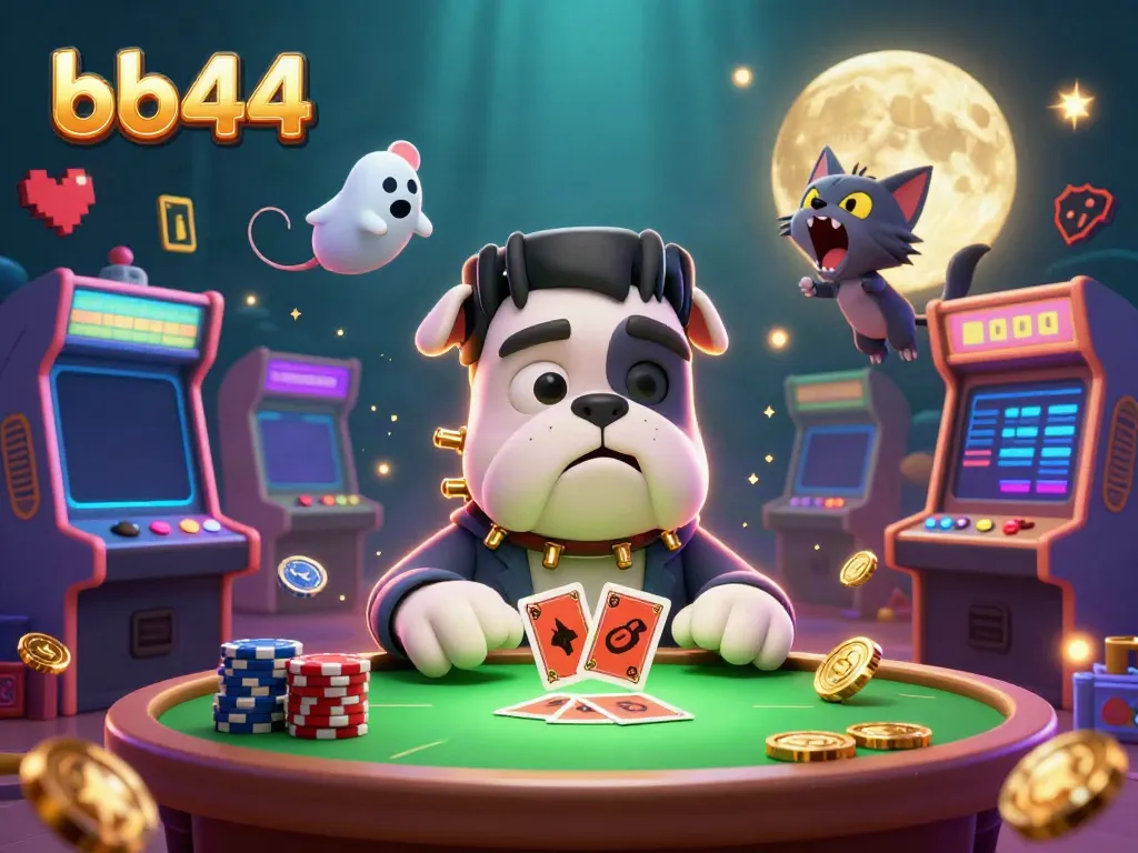 Engaging scene with the bb44 Frankenstein bulldog dealing casino cards amidst game machines and ghostly elements.