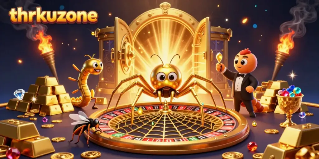 Experience the thrill of gaming at thrkuzone with a vibrant 3D spider roulette wheel scene.