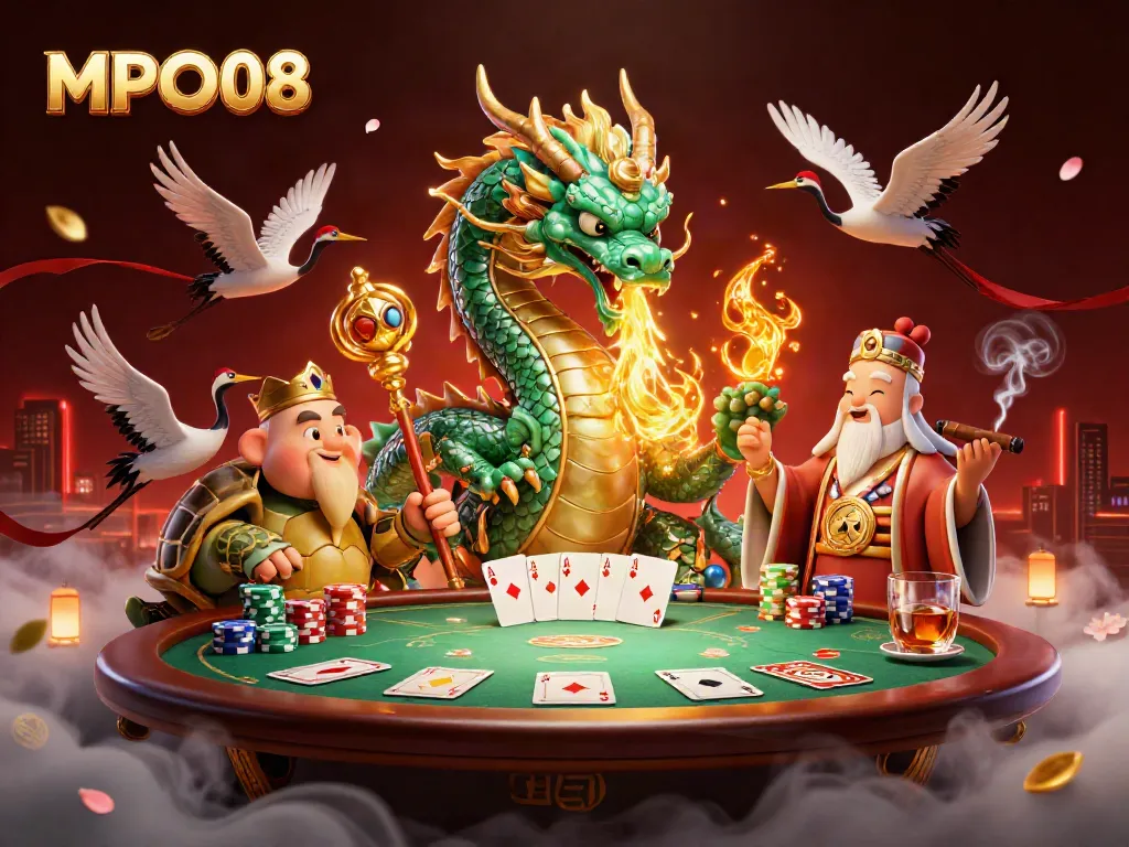 MPO08 players engage with a vibrant, dynamic casino scene featuring a dragon and sage amidst poker elements.