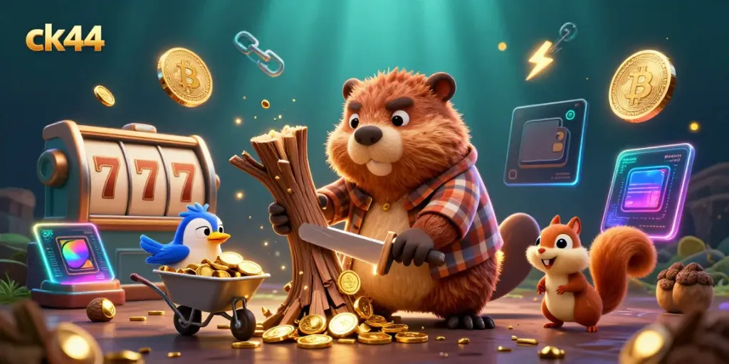 Join the excitement at ck44, where a cartoon beaver wins big amid golden coins and casino symbols.