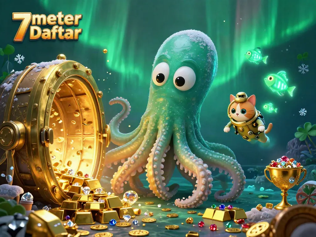 Experience the excitement of 7meter Daftar with a vibrant scene of treasure and gambling elements.