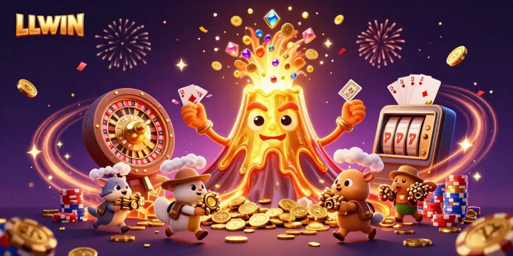 Experience excitement with LLWIN's golden volcano erupting treasures in a vibrant casino adventure.