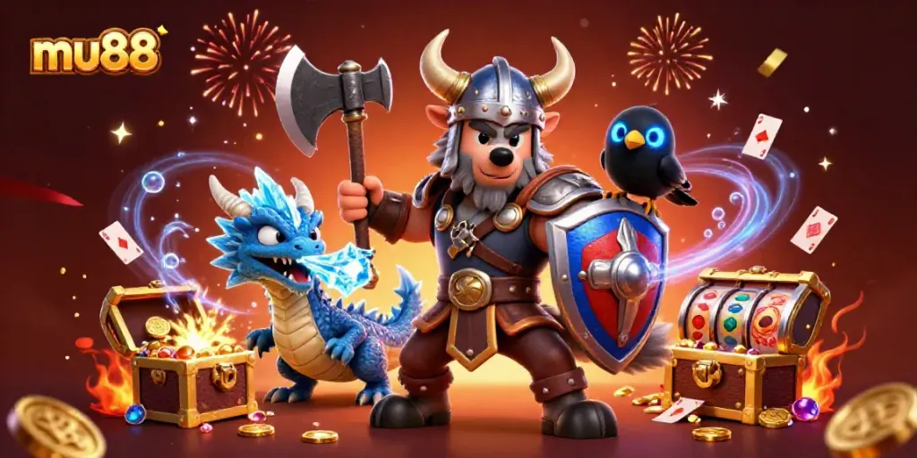Exciting mu88 casino gameplay scene featuring a Viking wolf warrior, fierce dragon, and floating slot reels.