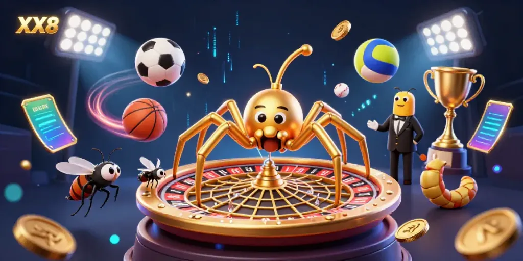 View XX8 casino scene featuring a spider spinning a roulette wheel with dynamic sports betting action.
