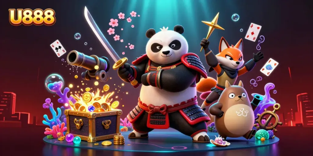 Engage in thrilling gameplay at U888, featuring a dynamic 3D scene with a samurai panda and ninja fox.