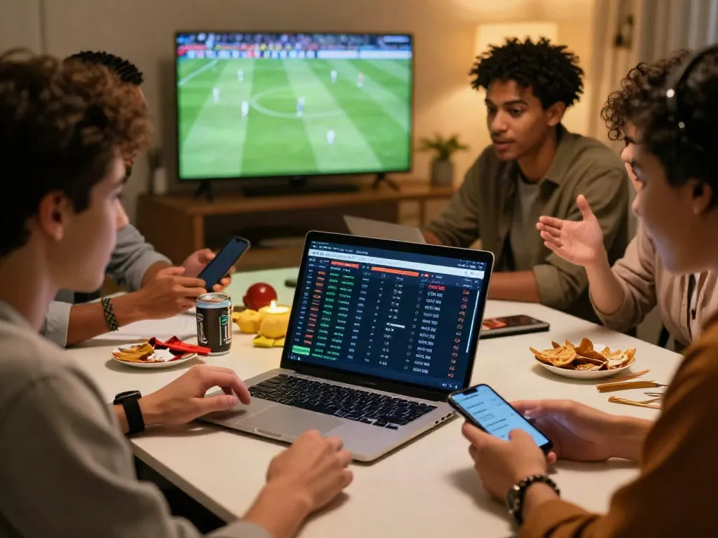 Engaging sports betting scene with friends analyzing WWBOLA odds on laptops and smartphones.