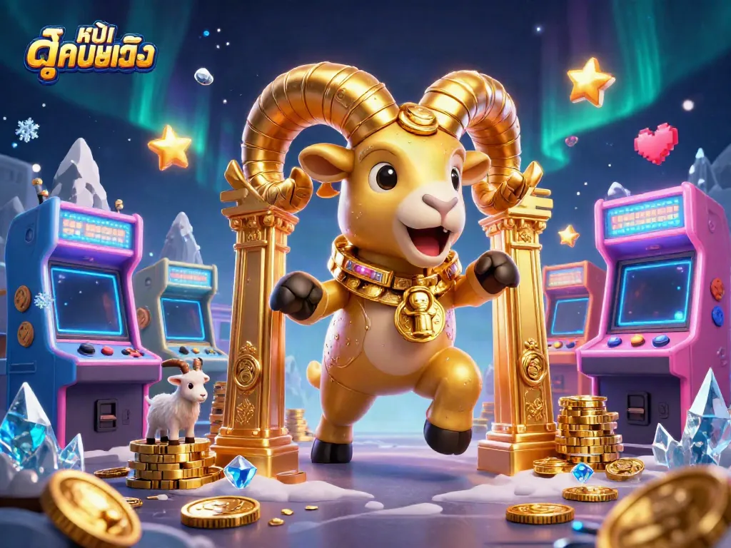 Immerse in ดูหนังออนไลน์ with vibrant 3D golden ram charging through a neon-lit casino scene, capturing the essence of winning.