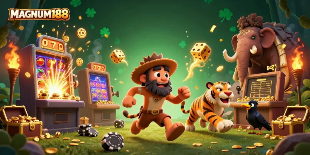 Play thrilling games and win big at MAGNUM188 with vibrant casino elements and engaging characters.