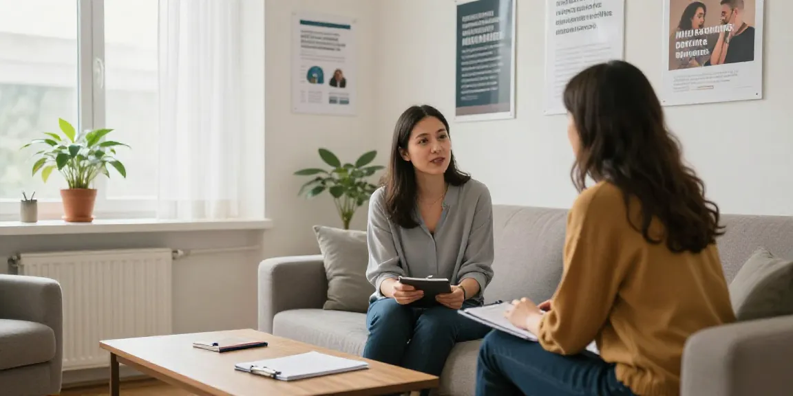 Counselor discussing MPU wegen Drogen with a client in a cozy office.