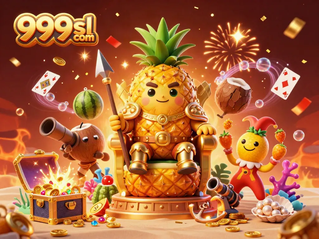Immerse in excitement at 999sl com with the golden pineapple king ruling a vibrant beach casino, amidst explosive treasures.