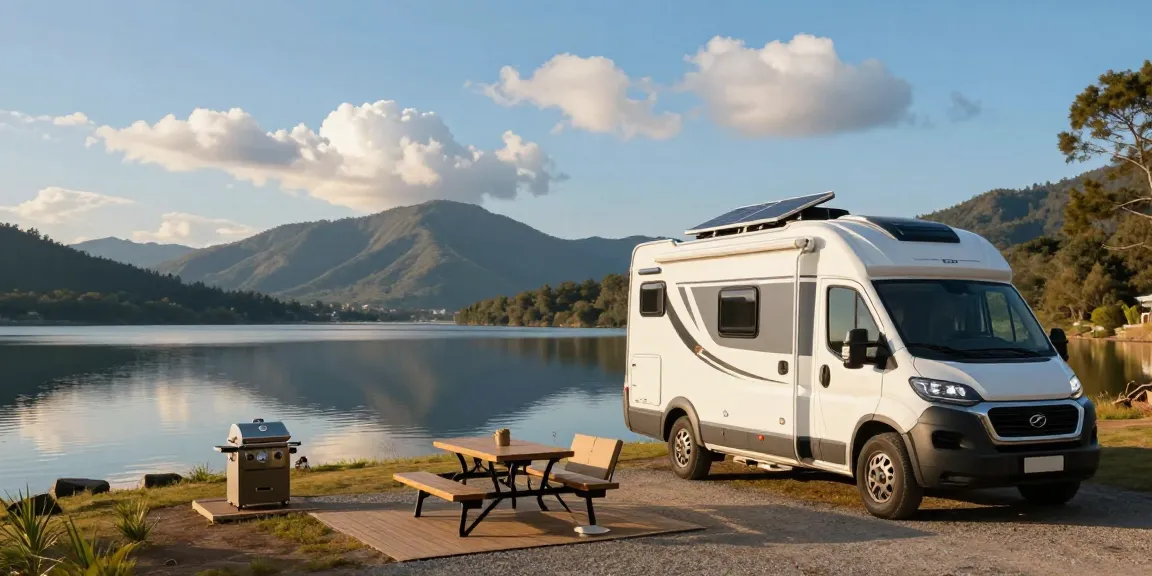 Lithium batteries for RV showcased at a stunning lakeside campsite with a modern camper.