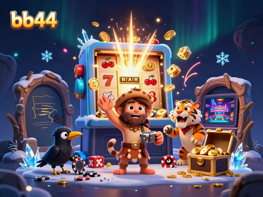 Engage in bb44 themed jubilations as a caveman, tiger duo, and clever crow enjoy a prehistoric casino experience