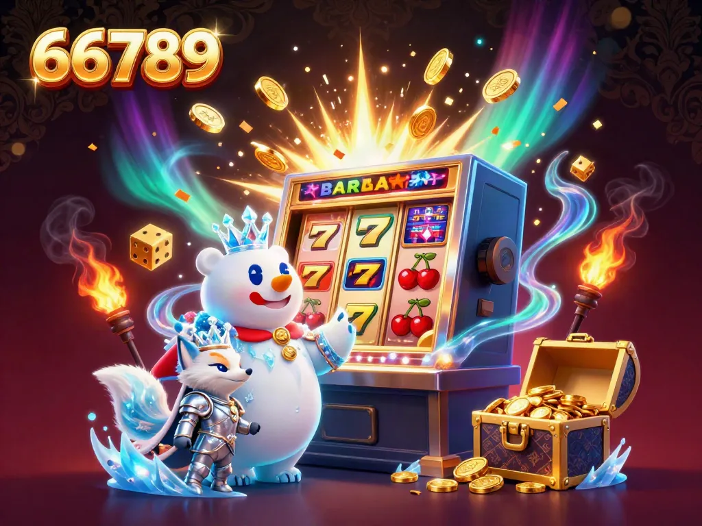 Experience the excitement of 66789 with a vibrant 3D illustration of casino games, slots, and jackpots.