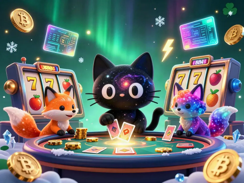 Engage with U888's vibrant casino world featuring a unique 3D black hole cat and shimmering slot symbols.