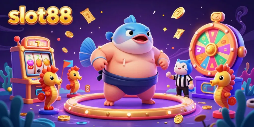 Experience thrilling gameplay with slot88 in a vibrant underwater casino illustration featuring a fugu character, slot machines, and seahorse spectators.