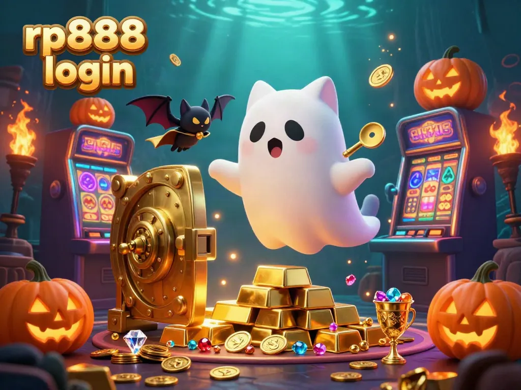 Experience the rp888 login excitement with a ghost cat and vampire bat in a haunted casino dynamic scene.