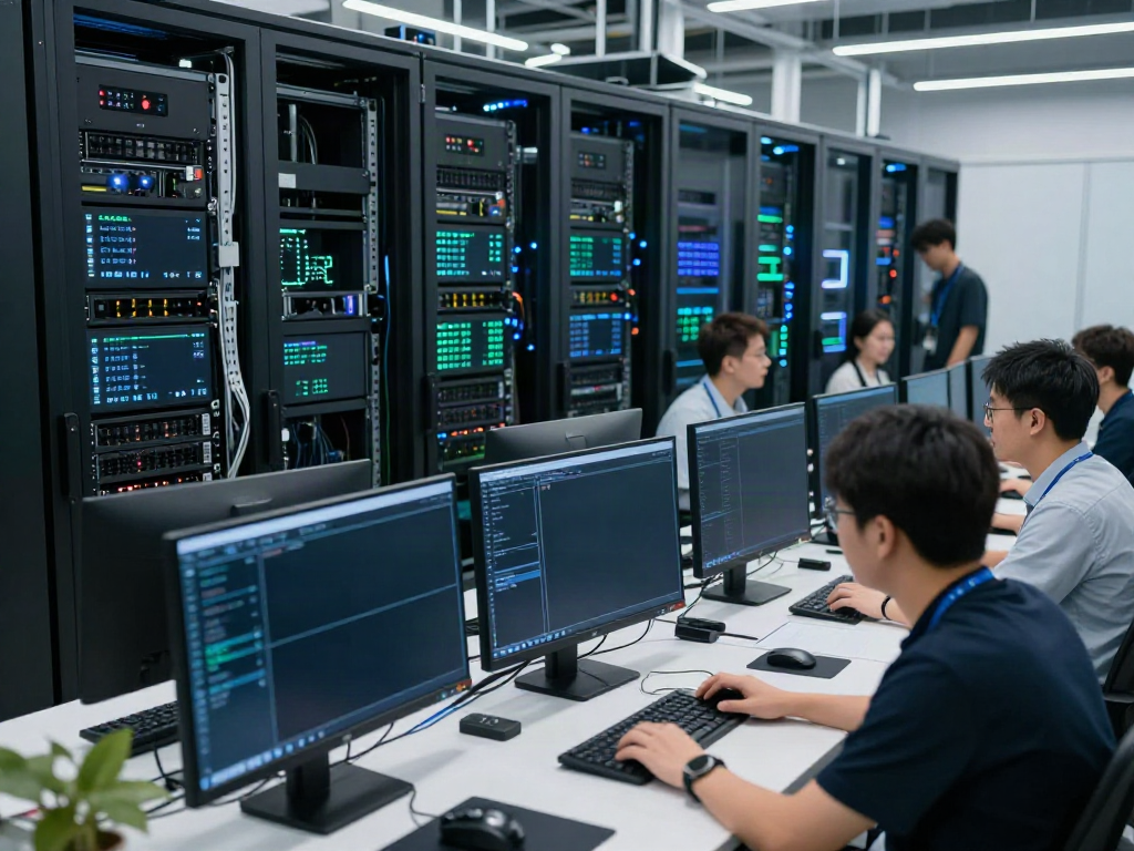 AI data center with GPU racks and professionals collaborating on performance metrics.