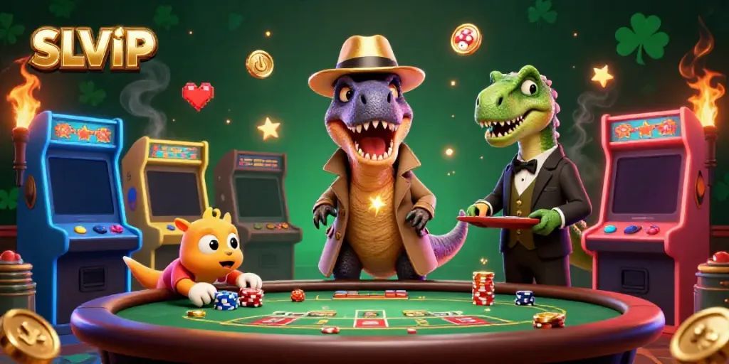Experience thrilling gameplay with SLVIP as a velociraptor card counter at a blackjack table.